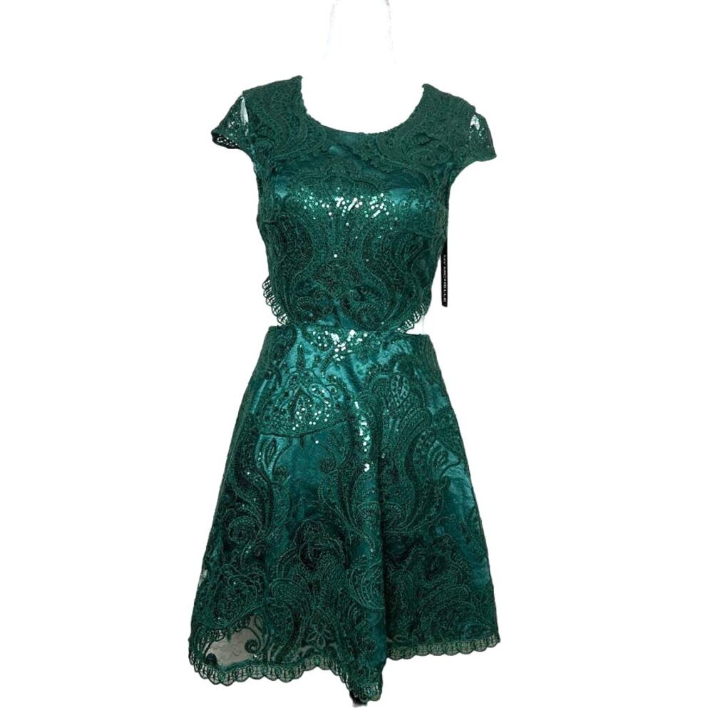 My Michelle Emerald Green Lace & Sequin Fit-and-Flare Mini Dress